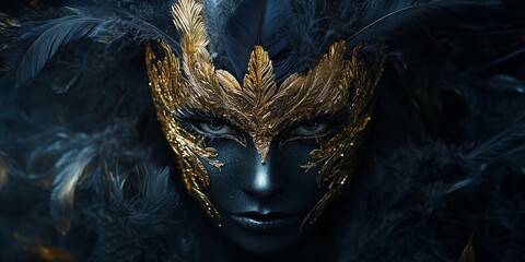 A luxurious black and gold masquerade mask with ornate designs and feathers, highlighting elegance and mystery.