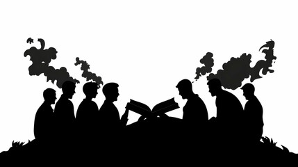 Silhouettes of people reading books, sitting outdoors near smoke.