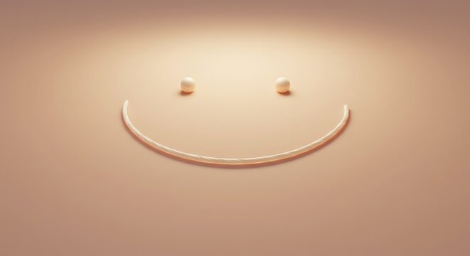 Simple minimalist glowing smiley face icon on a soft beige gradient background with subtle light effects, concept for happiness, positive emotion and good mood illustration