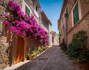 Fototapeta premium Generated image A narrow alley in Pollença with vibrant bougainvillea climbing up stone walls 