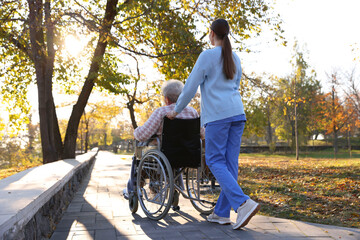 Caregiver with elderly woman in wheelchair at park, back view