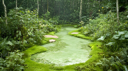 Fototapeta premium Serene moss-covered stream in lush forest. Background tranquility. Nature backdrop
