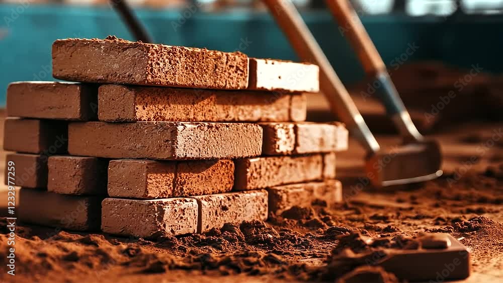 Poster neatly arranged red clay bricks sitting on a polished construction site, with shadows from nearby to