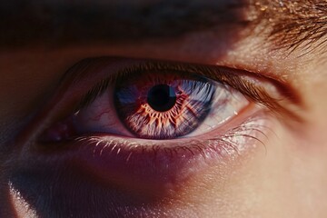 Naklejka premium Detailed macro shot of a mana??s vibrant rose-colored eye, with fine patterns and intricate details within the iris, captured in