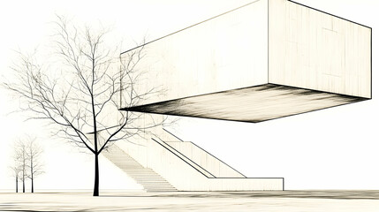 Sketch of modern architecture with floating cube and stairs, minimalist design, trees.