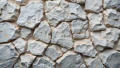 Fototapeta premium This textured wall showcases an arrangement of irregular, pale stones. The surface displays varying sizes and shapes, highlighting their natural beauty in an outdoor environment