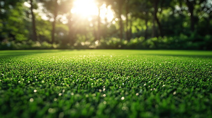 Naklejka premium Sunlit Artificial Grass Field with Forest Background