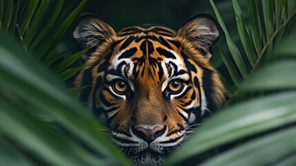 Tiger peering through jungle foliage