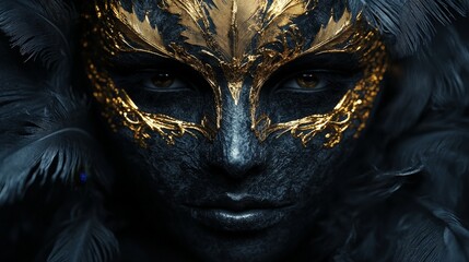 A luxurious black and gold masquerade mask with ornate designs and feathers, highlighting elegance and mystery.