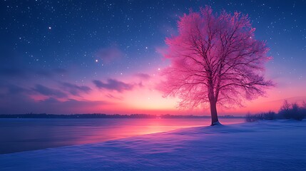 Fototapeta na wymiar Pink frost tree, winter sunrise, starry riverbank