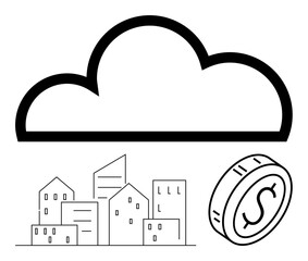 Black cloud above minimal city buildings and coin with dollar sign. Ideal for fintech, smart cities, cloud storage, urban planning, economy, innovation, and technology. Abstract line flat metaphor