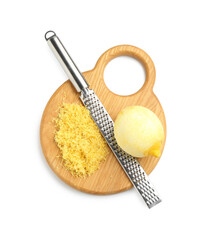 Lemon zest, fresh fruit and grater isolated on white, top view