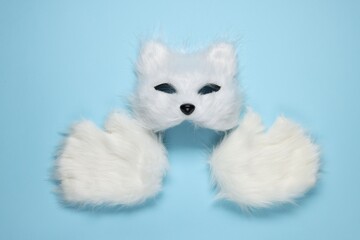 Quadrobics. Cat mask and gloves on light blue background, top view