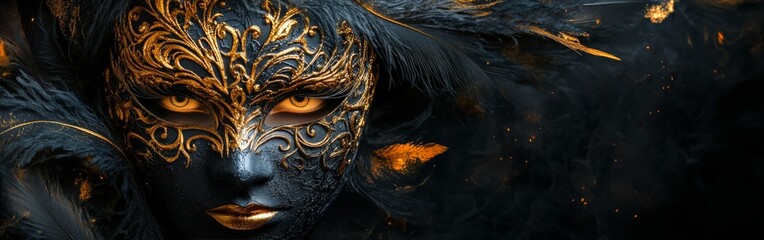 A luxurious black and gold masquerade mask with ornate designs and feathers, highlighting elegance and mystery.