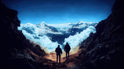Obraz premium Journey of Two Hikers Standing at the Edge of a Glacial Valley