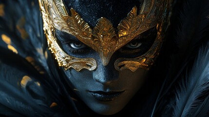A luxurious black and gold masquerade mask with ornate designs and feathers, highlighting elegance and mystery.