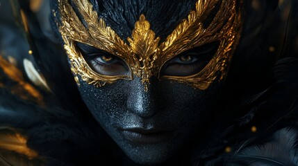 A luxurious black and gold masquerade mask with ornate designs and feathers, highlighting elegance and mystery.