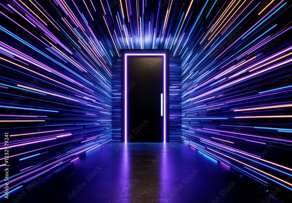 Poster a 3d abstract neon background with a glowing rectangular frame in cyberspace, showcasing a fantastic