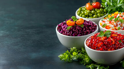 Colorful veggie salads in bowls, dark background, healthy eating