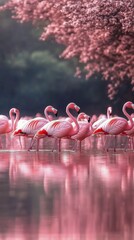 Naklejka premium Vibrant flamingos wade through calm waters under blooming cherry blossoms at sunset