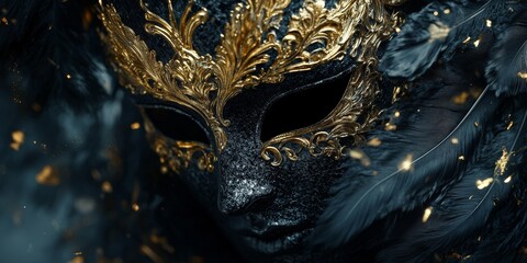 A luxurious black and gold masquerade mask with ornate designs and feathers, highlighting elegance and mystery.