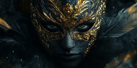 Obraz premium A luxurious black and gold masquerade mask with ornate designs and feathers, highlighting elegance and mystery.