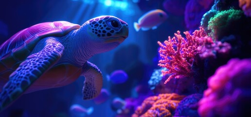 Sea turtle swims in vibrant coral reef, colorful fish, underwater scene