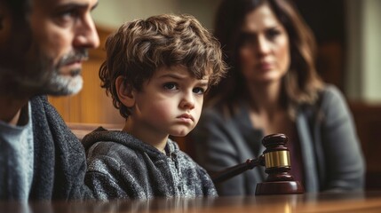 Sad boy sitting at a table in the background of his parents.