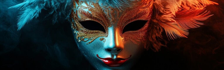A luxurious black and gold masquerade mask with ornate designs and feathers, highlighting elegance and mystery.