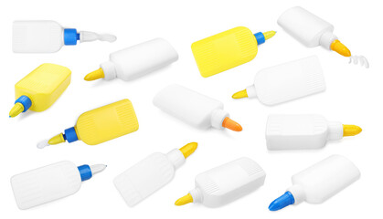 Glue in different bottles isolated on white, set