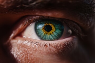 Fototapeta premium Hyper-detailed macro shot of a mana??s sea green eye, showing fine textures and a smooth sclera, captured in