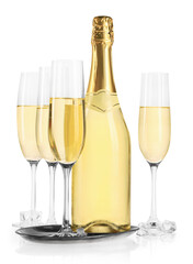 Champagne in glasses and bottle isolated on white. Sparkling wine