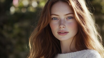 Naklejka premium portrait of a beautiful young woman with long red hair and freckles