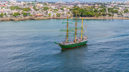 Santo Domingo, Dominican Republic, aerial view of the three masted square rigger Alexander von...