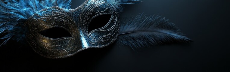 A luxurious black and gold masquerade mask with ornate designs and feathers, highlighting elegance and mystery.