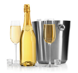 Champagne and bucket with ice isolated on white