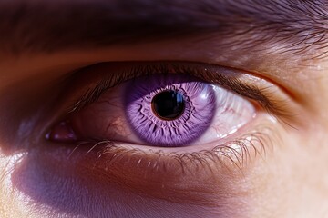 Fototapeta premium Hyper-detailed shot of a mana??s bright lavender eye, highlighting soft textures and natural reflections in the iris, captured in