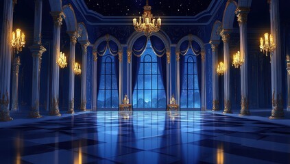 Obraz premium Grand Ballroom, Night Scene: A Regal Interior with Starry Night Views