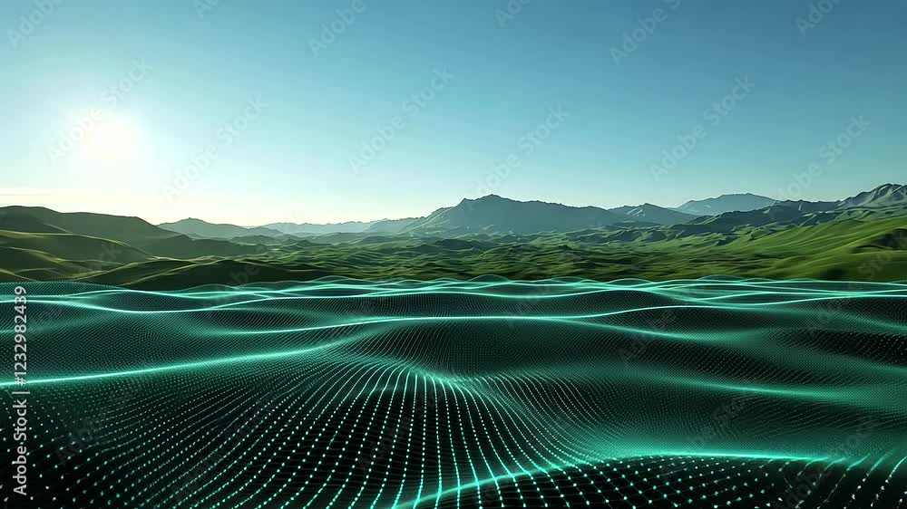 Poster an expansive green low-poly triangle landscape features symmetrical patterns and glowing edges, crea