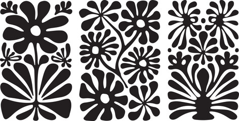 groovy floral botanical black background in trendy naive retro hippie 60s 70s style | Groovy abstract flower posters | Floral doodle patterns | silhouette abstract wavy flower | Vector in simple
