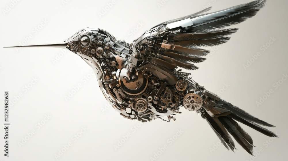 Poster a mechanical hummingbird in mid-flight with intricate gears and metallic feathers.