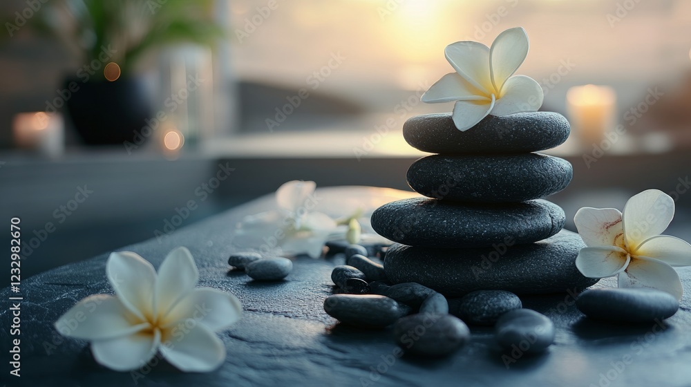 Poster stacked stones create a serene atmosphere near a tranquil water surface in a calming setting