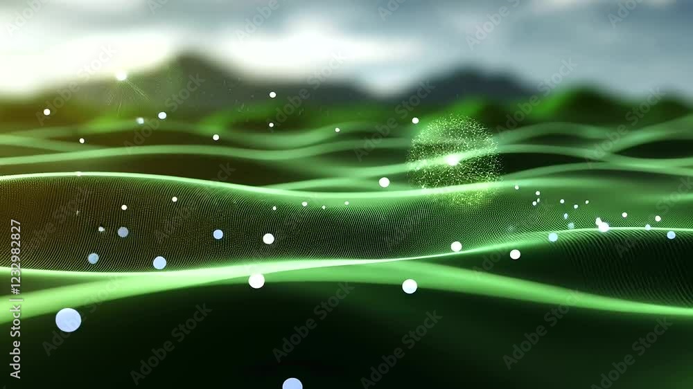 Poster an abstract green low-poly triangle field undulates in a d render, its seamless design and futuristi