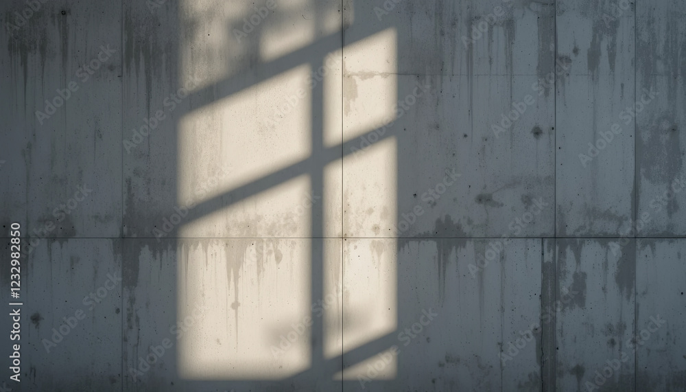 Poster soft sunlight filters through a window, casting intricate shadows across a smoothly finished concret