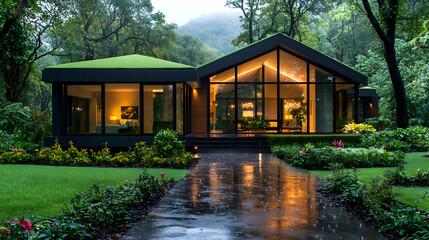 Obraz premium Modern green roof house, rain, forest, night