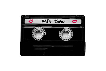 close-up of a black audio cassette mix tape with writing and hearts music retro valentine love language nostalgia 80s favorite songs theme