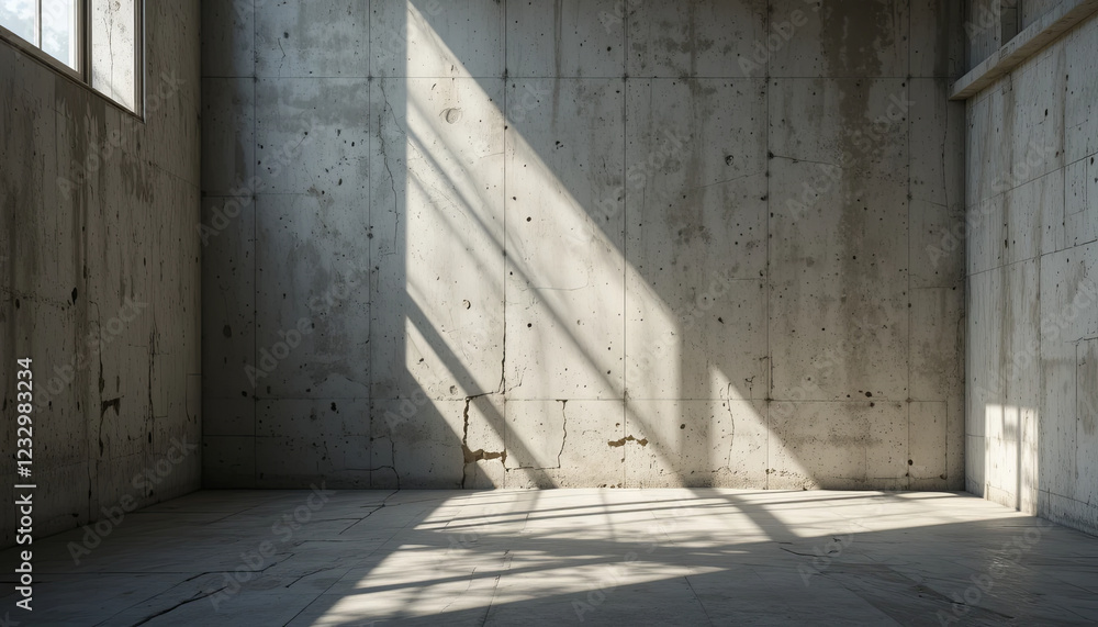 Poster soft sunlight pierces through large windows, casting abstract shadows on the rough concrete walls an