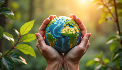A pair of aged hands lovingly holding a lush green planet in a serene woodland setting at golden hour, symbolizing "Care for Nature." Earth Hour