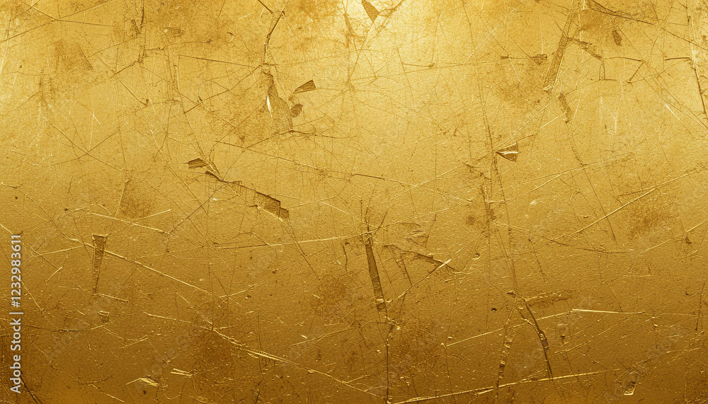 Poster a close-up view of a golden surface reveals intricate scratches and imperfections, creating a unique
