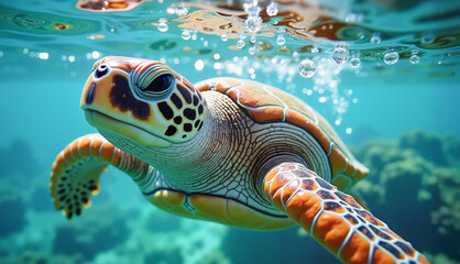 Fototapeta premium Sea turtle swimming gracefully near the water surface during a sunny day, symbolizing ocean life and conservation.